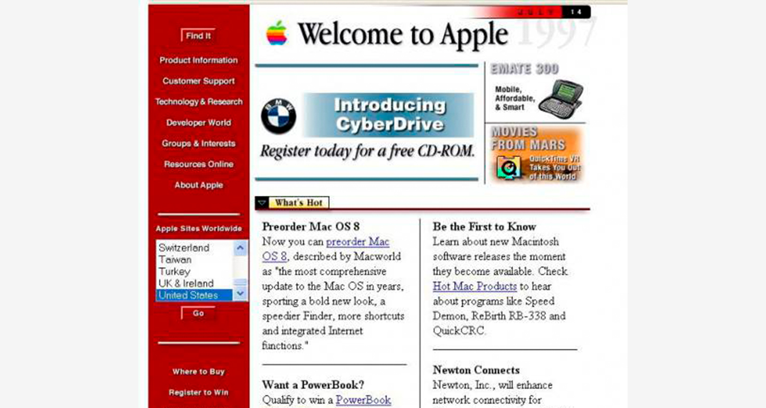 Старая версия сайта Apple. 1997 год