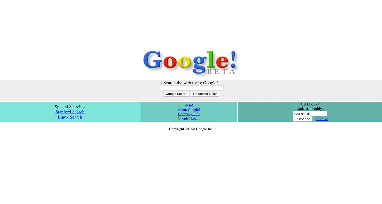 Старая версия страницы Google. 1998 год